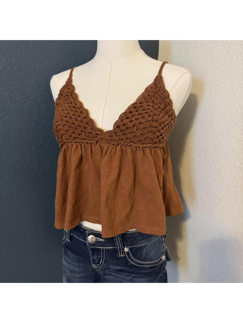 Caramel Brown Crochet Boho Babydoll Tank, XS